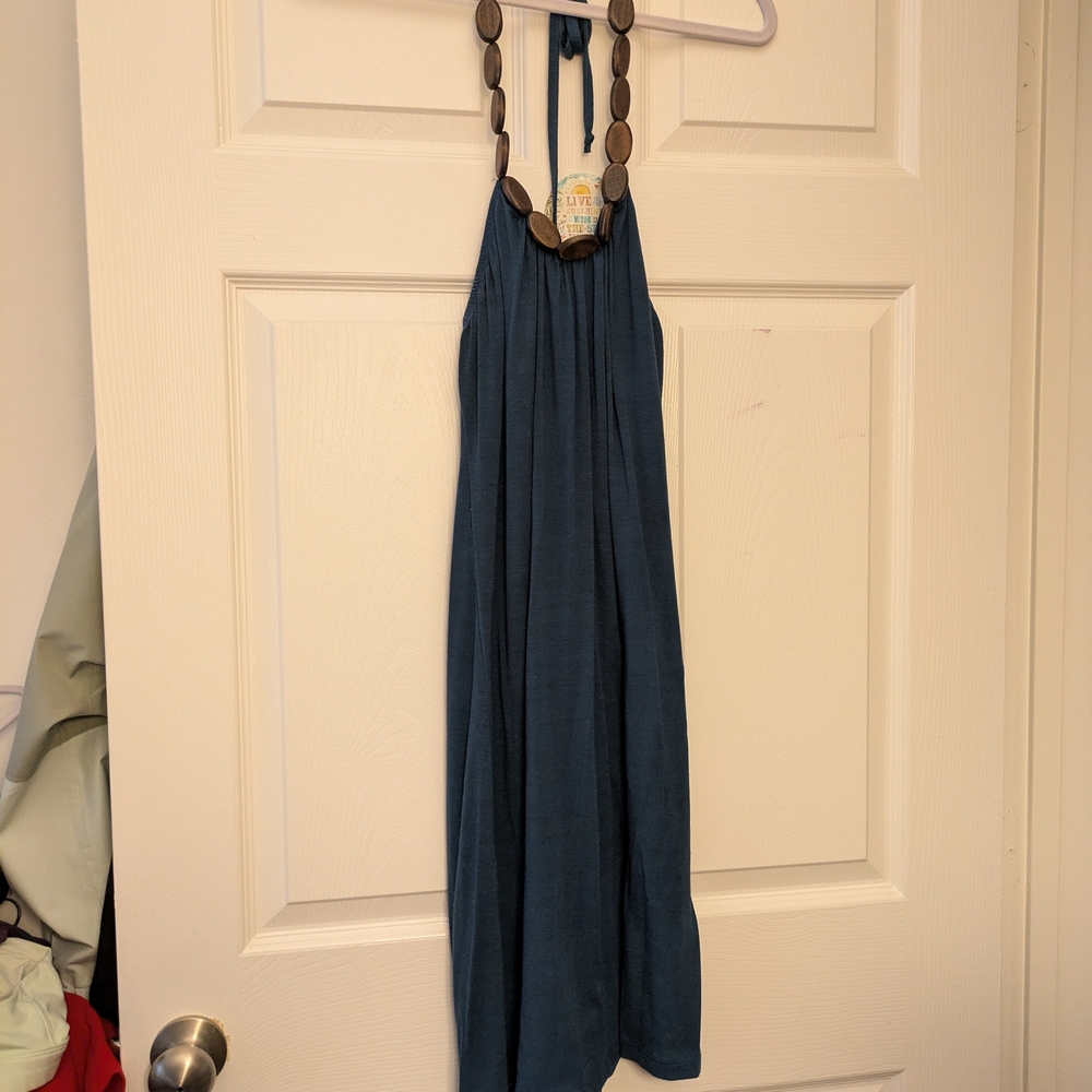 Blue Halter Dress with Wooden Beads